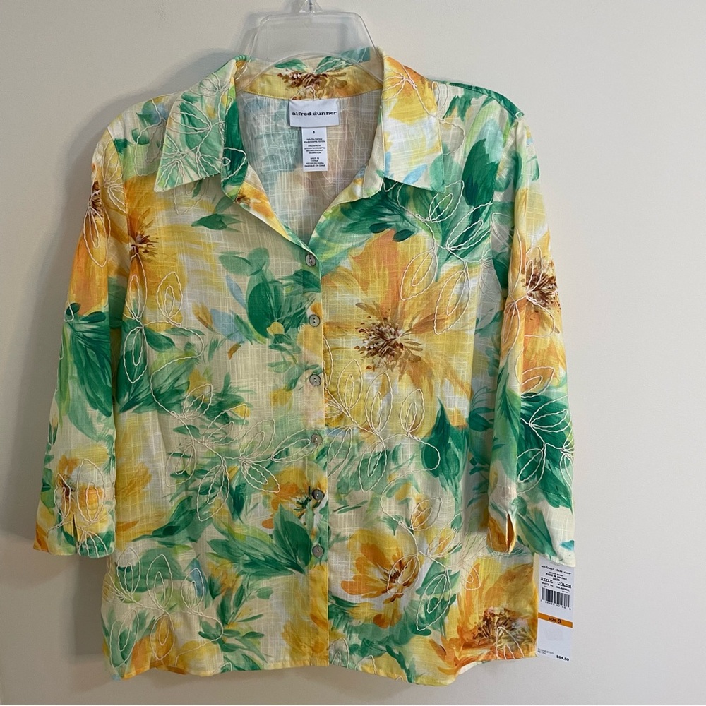 NWT Alfred Dunner Rise & Shine Yellow Green Embroidered Floral Blouse Wm Sz S